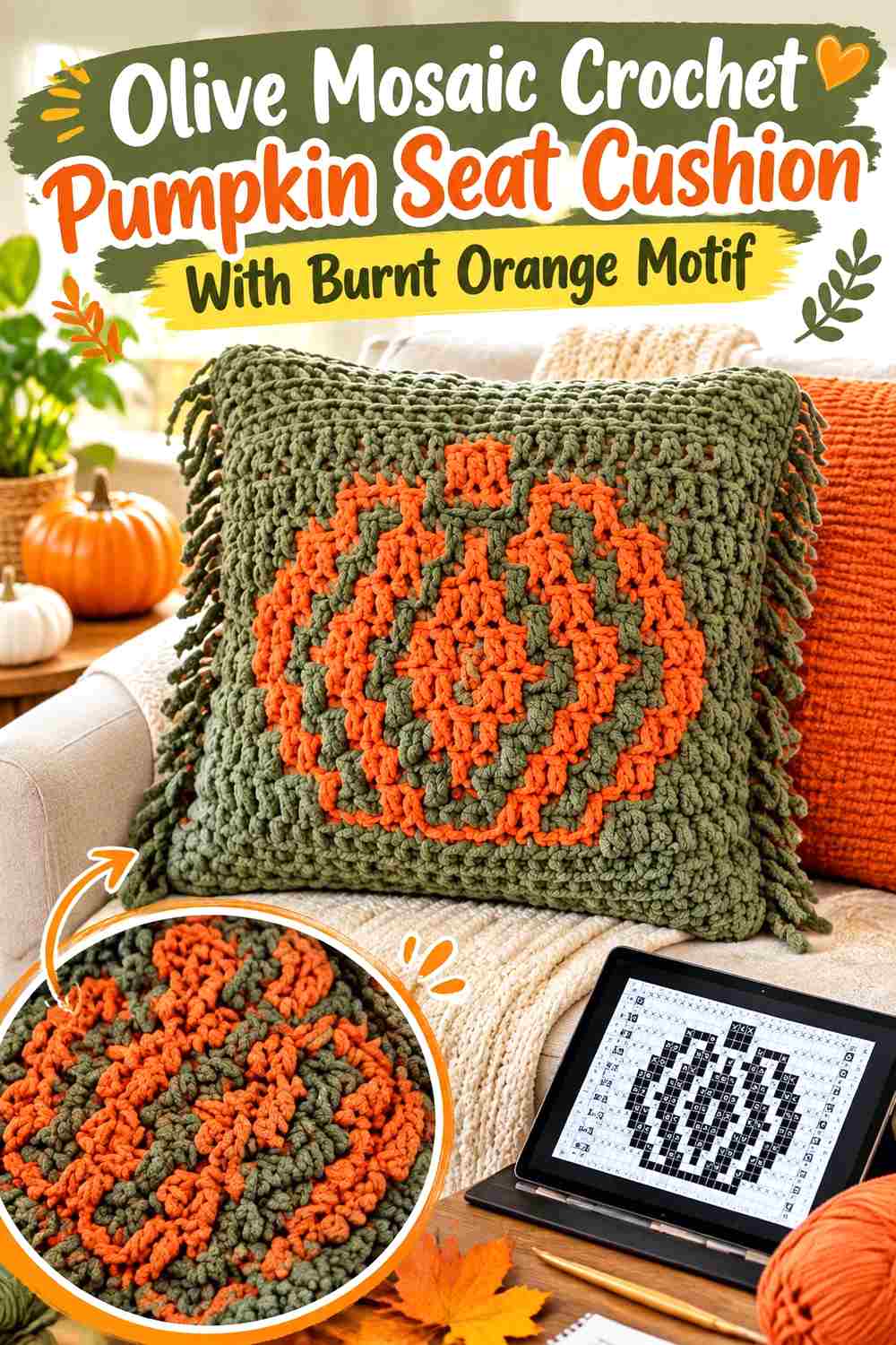 17. Olive Mosaic Crochet Pumpkin Seat Cushion With Burnt Orange Motif