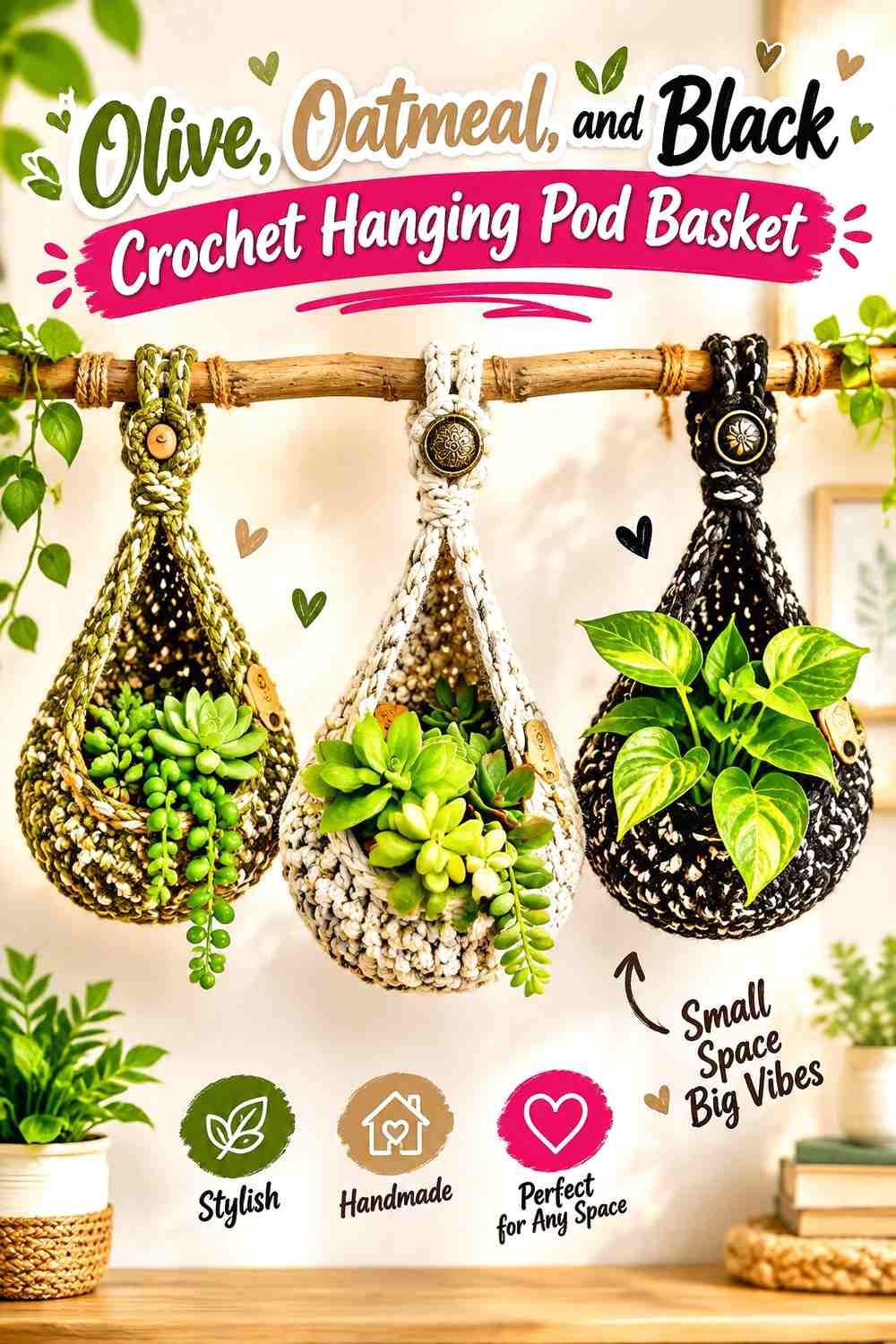 Olive, Oatmeal, and Black Crochet Hanging Pod Basket