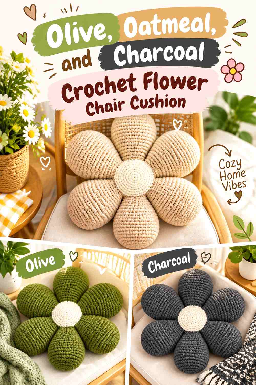 Olive, Oatmeal, and Charcoal Crochet Flower Chair Cushion
