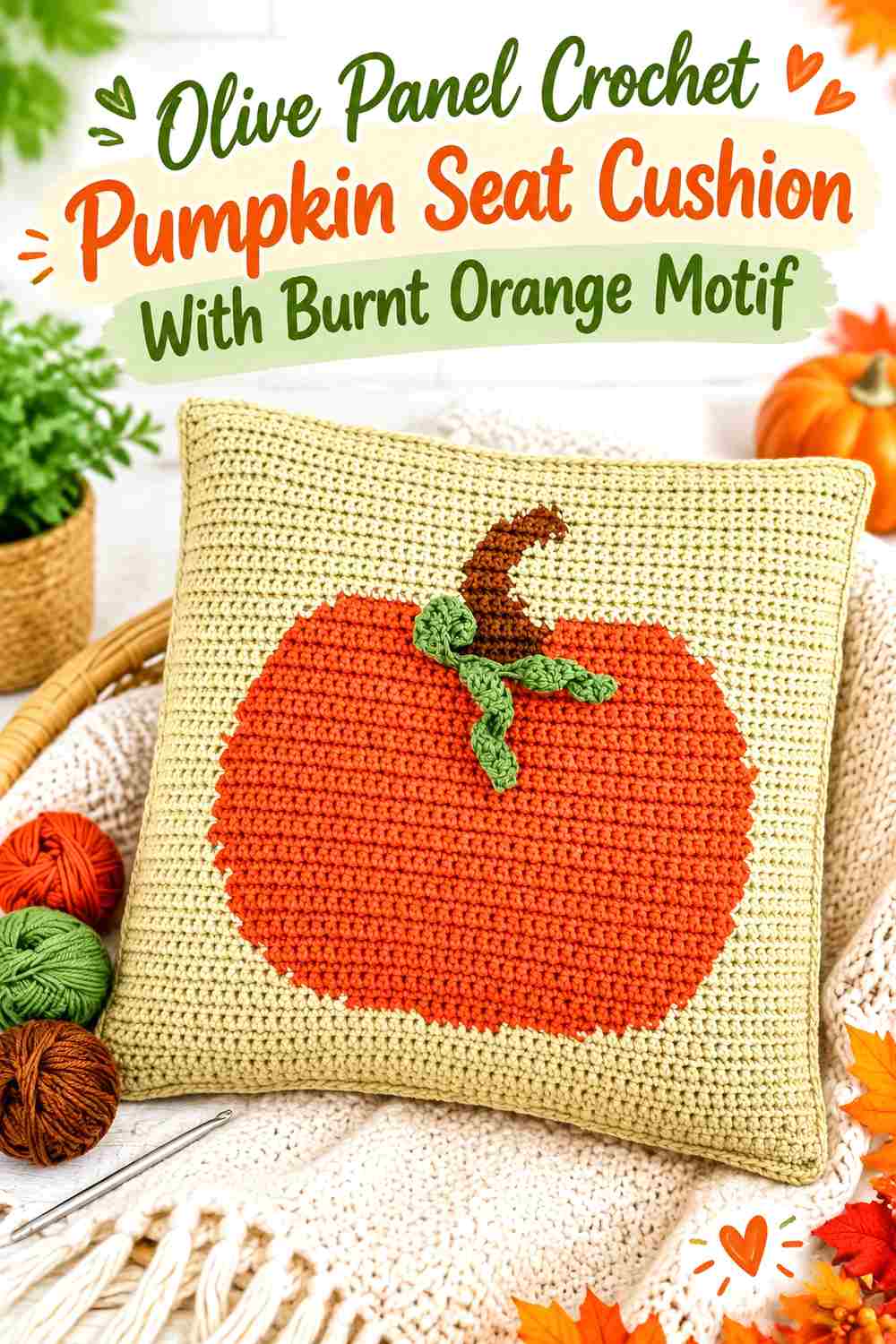 3. Olive Panel Crochet Pumpkin Seat Cushion With Burnt Orange Motif