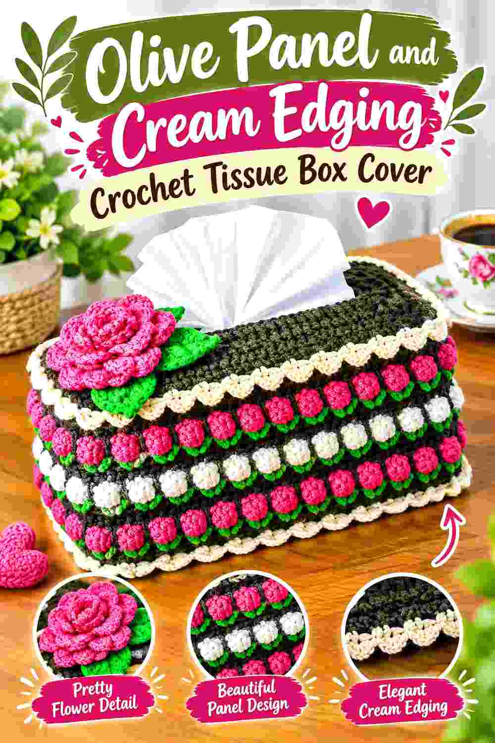16. Olive Panel And Cream Edging Crochet Tissue Box Cover
