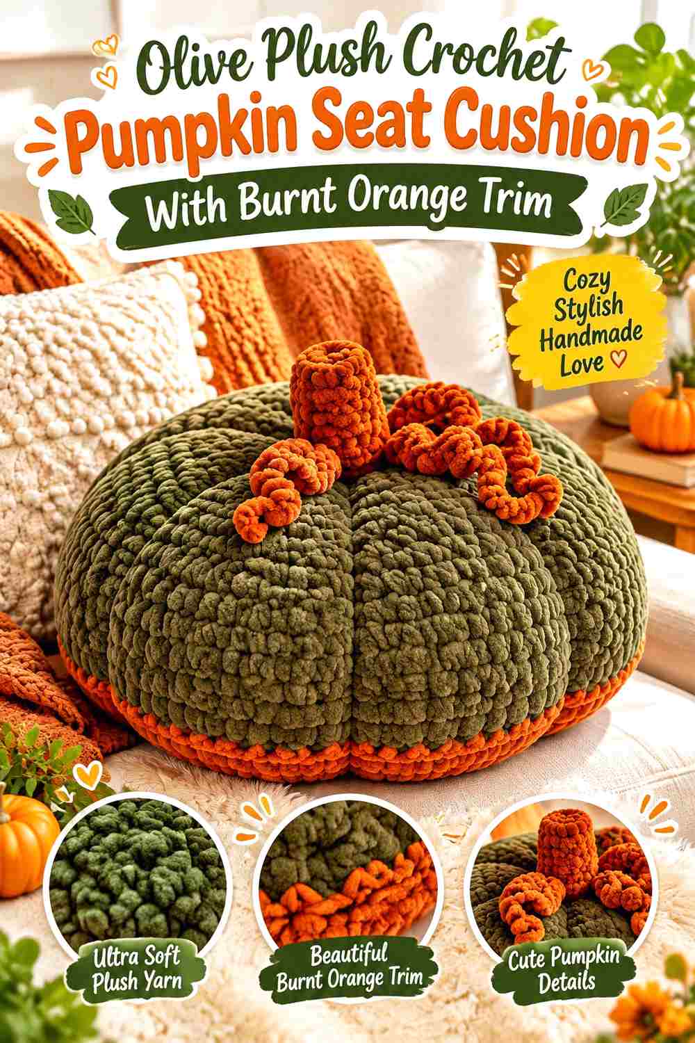 13. Olive Plush Crochet Pumpkin Seat Cushion With Burnt Orange Trim