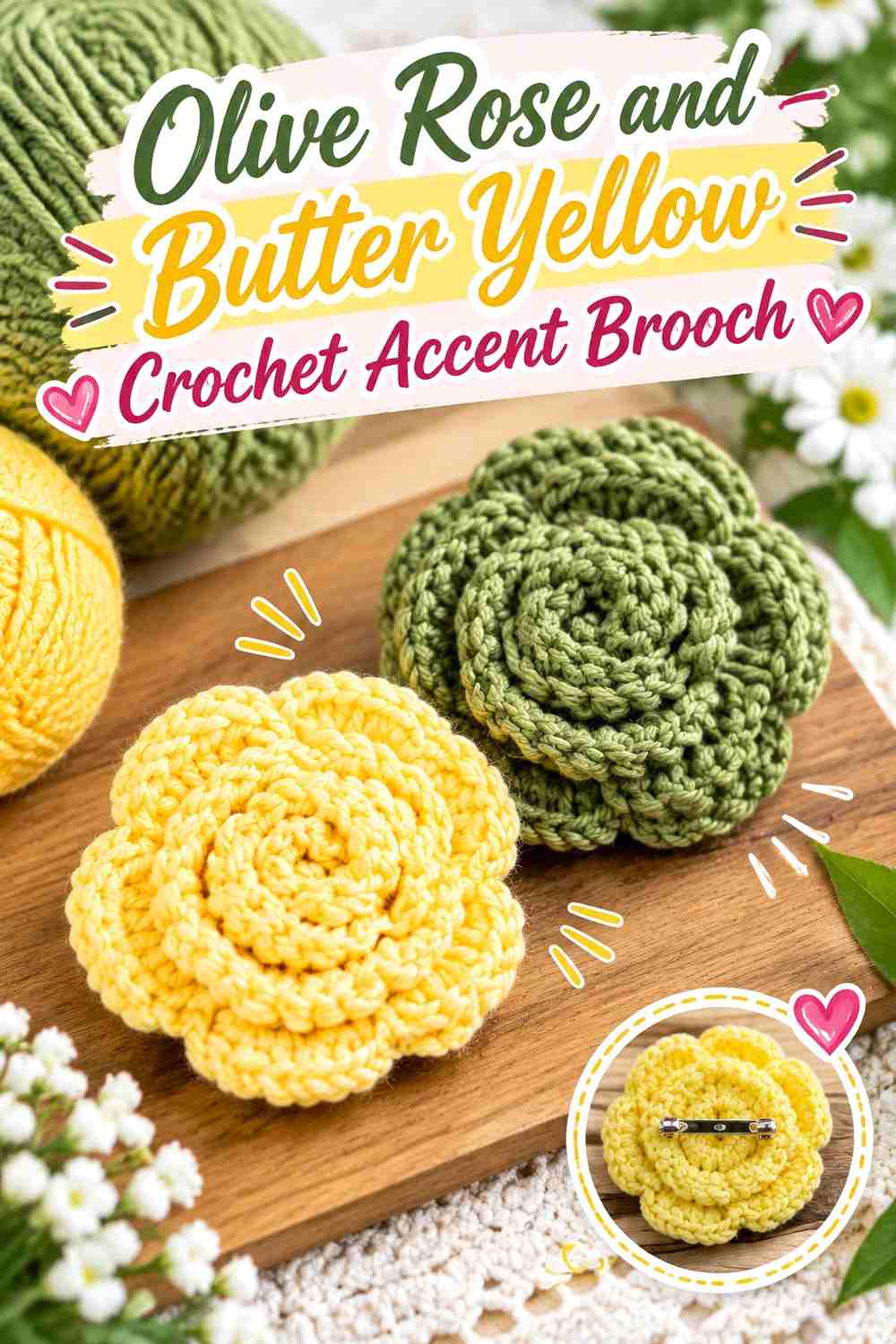 9. Olive Rose And Butter Yellow Crochet Accent Brooch