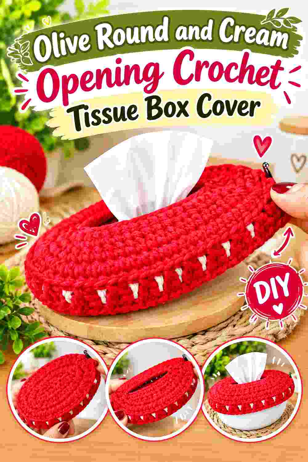 15. Olive Round And Cream Opening Crochet Tissue Box Cover