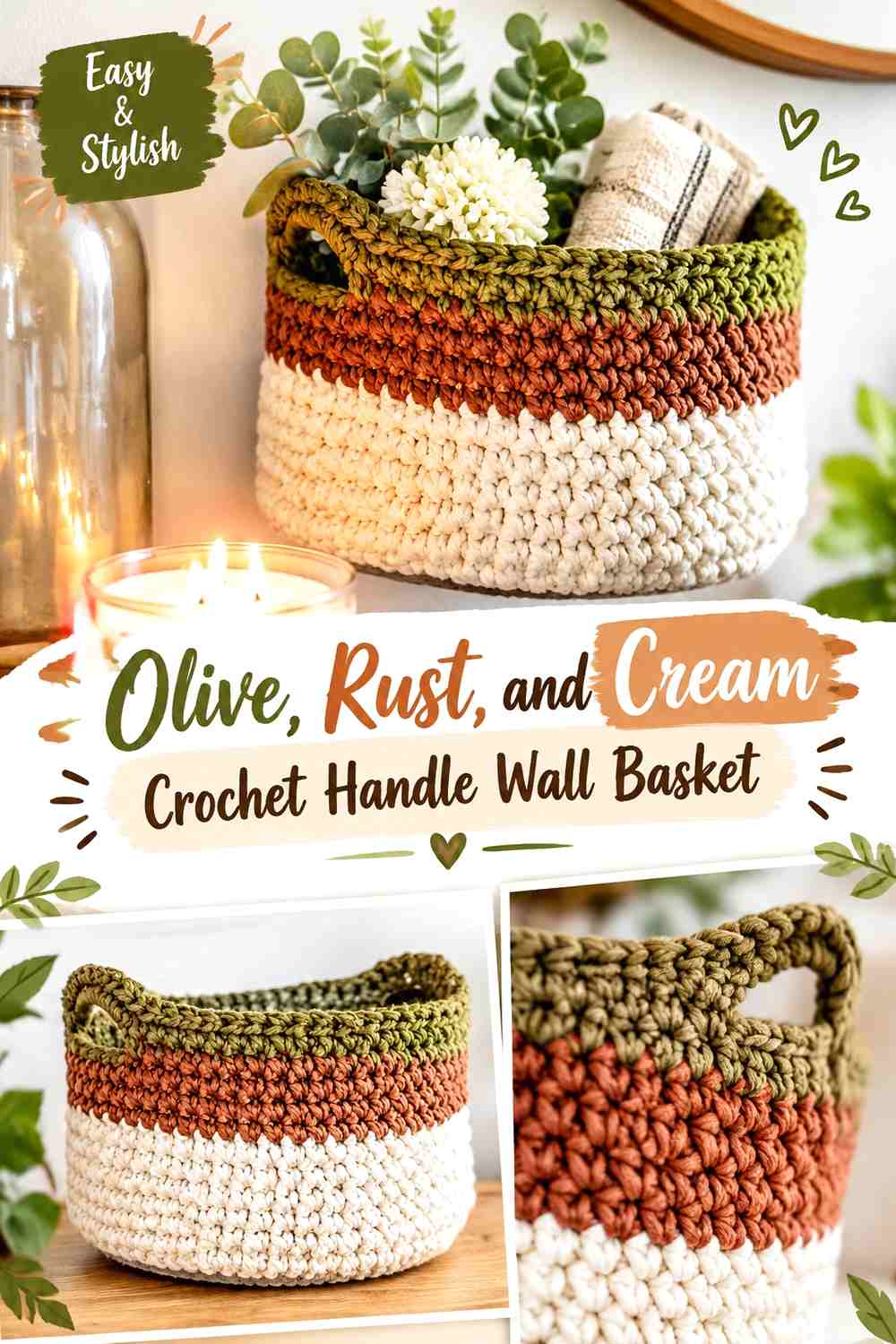 Olive, Rust, and Cream Crochet Handle Wall Basket