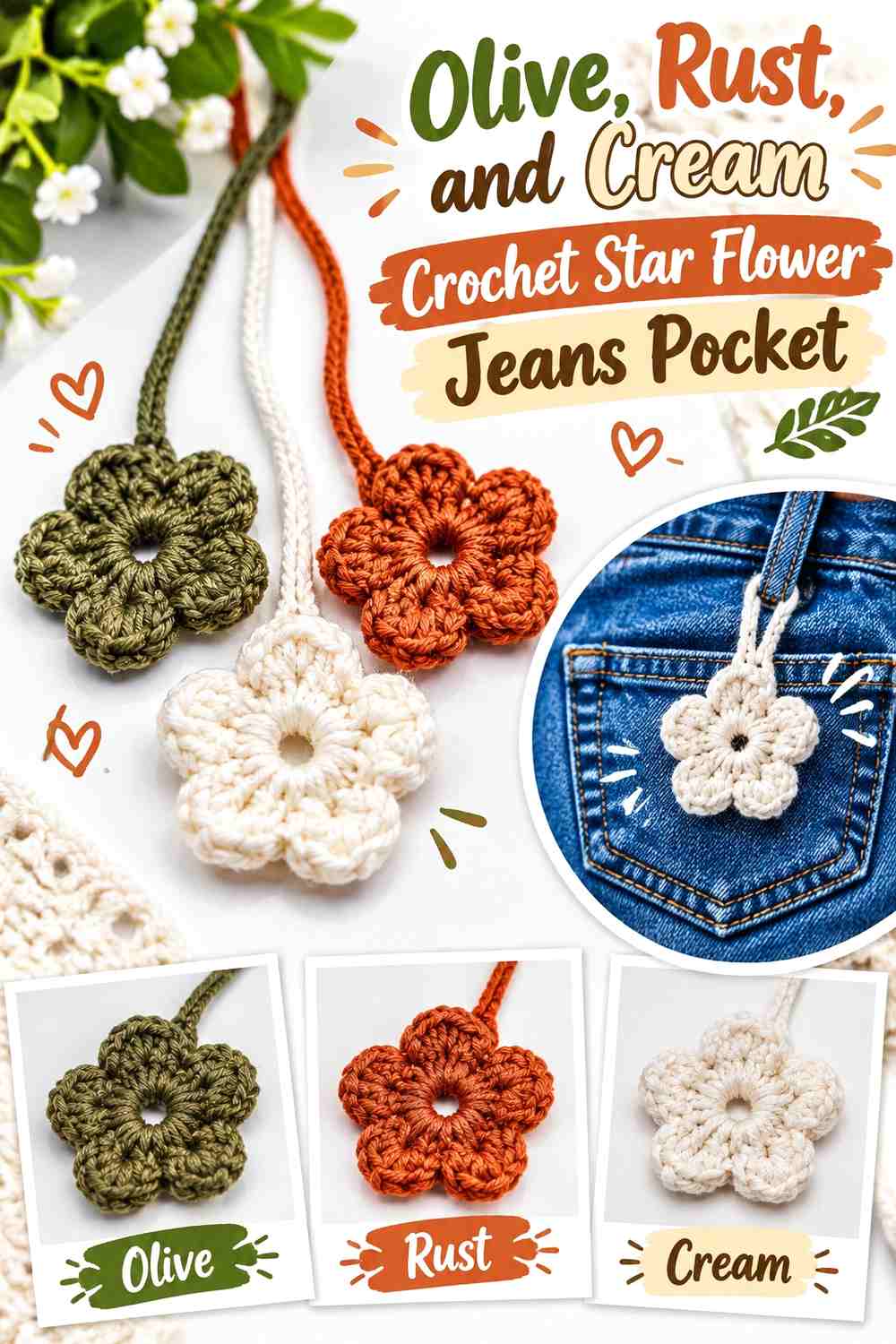 Olive, Rust, and Cream Crochet Star Flower Jeans Pocket