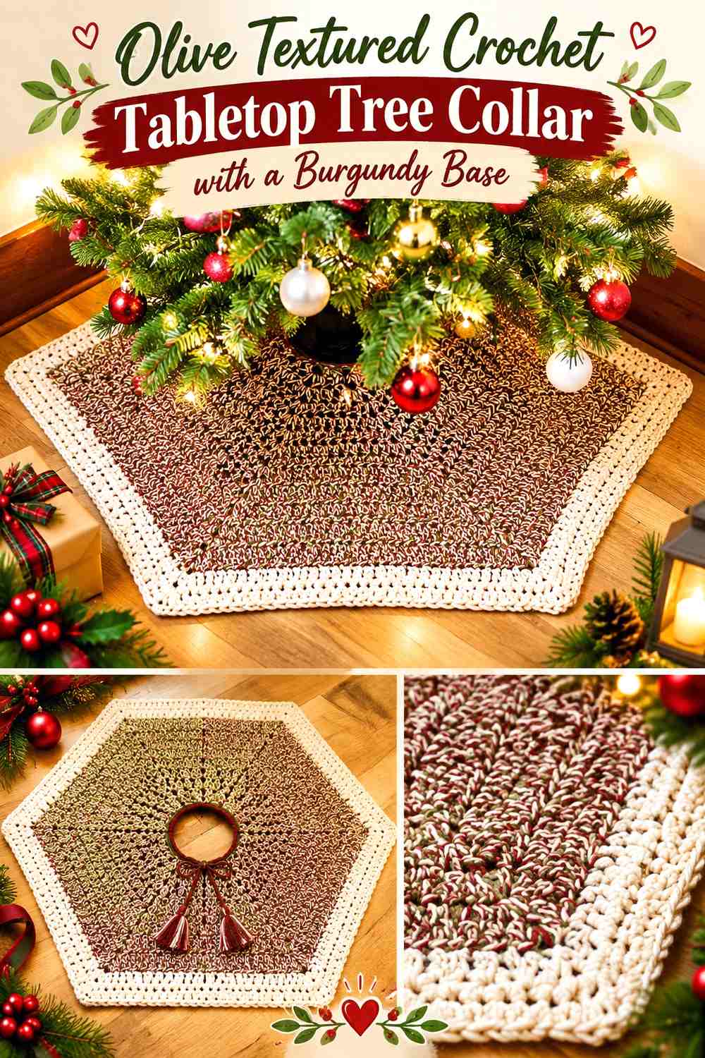 5. Olive Textured Crochet Tabletop Tree Collar With A Burgundy Base