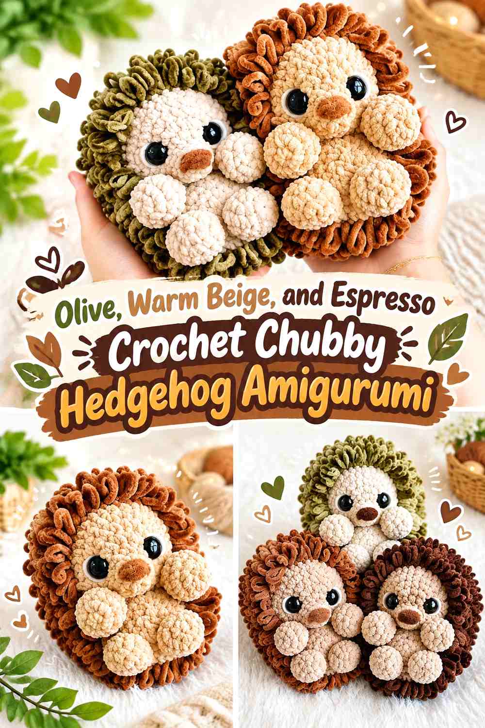 Olive, Warm Beige, and Espresso Crochet Chubby Hedgehog Amigurumi