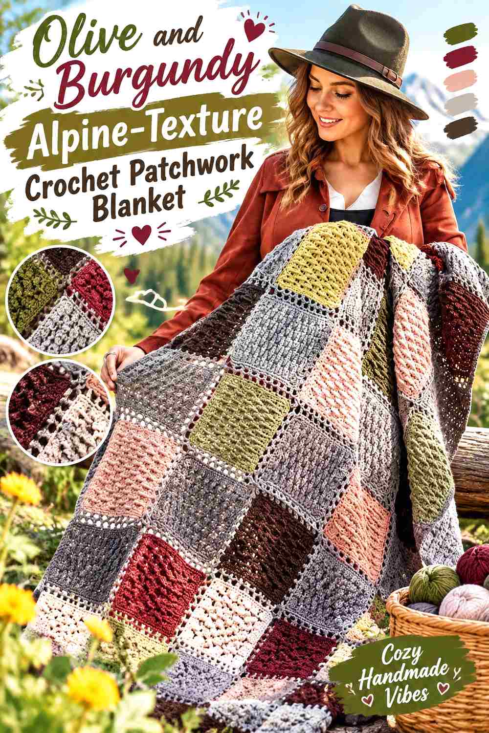 2. Olive And Burgundy Alpine Texture Crochet Patchwork Blanket