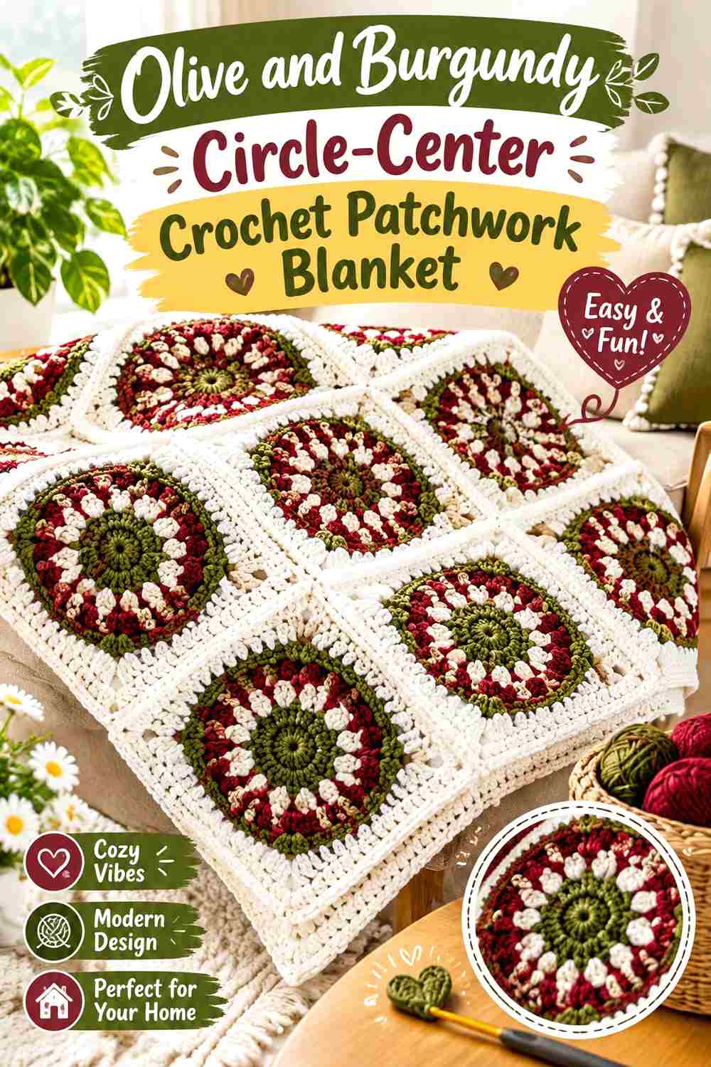 6. Olive And Burgundy Circle Center Crochet Patchwork Blanket