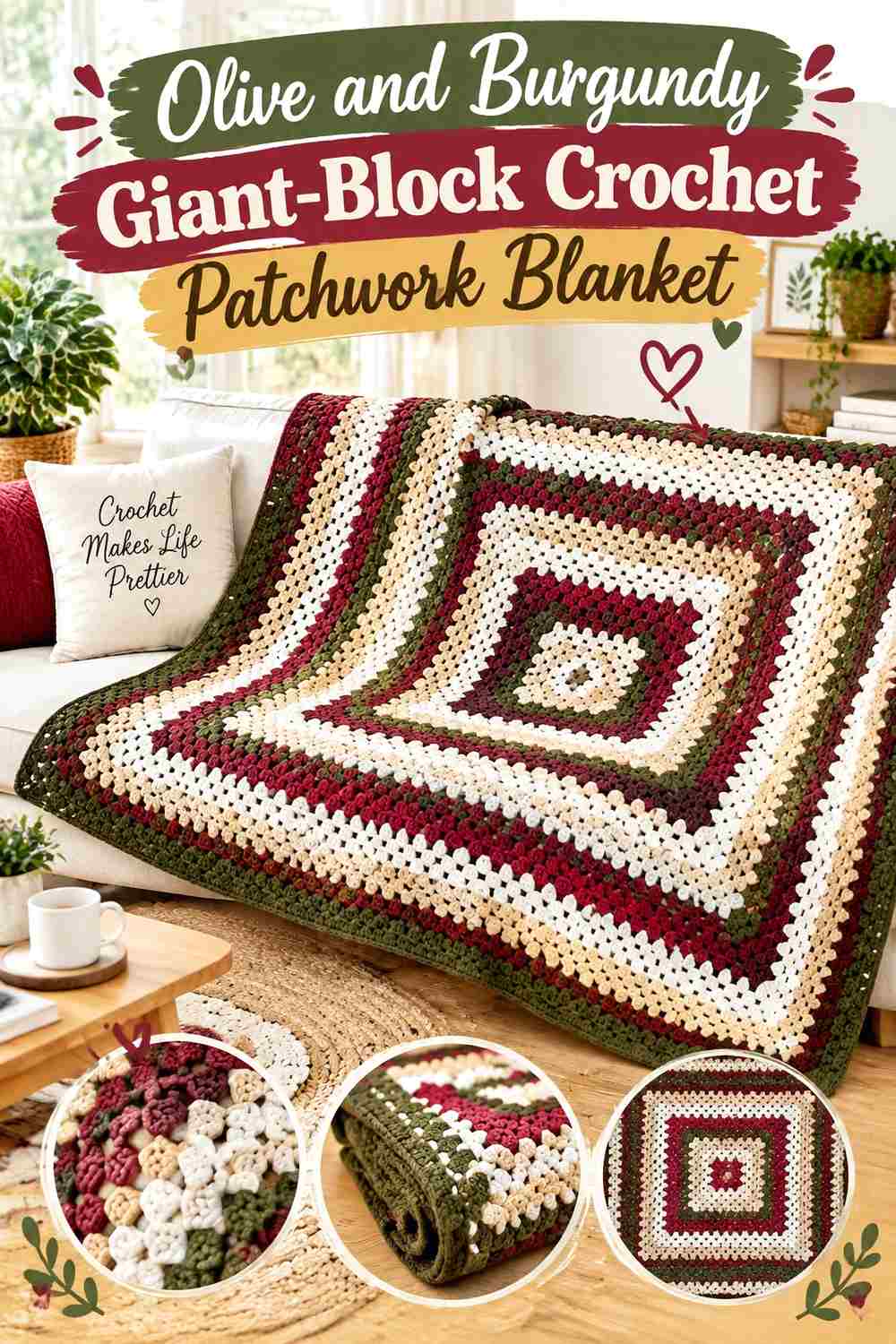 18. Olive And Burgundy Giant Block Crochet Patchwork Blanket