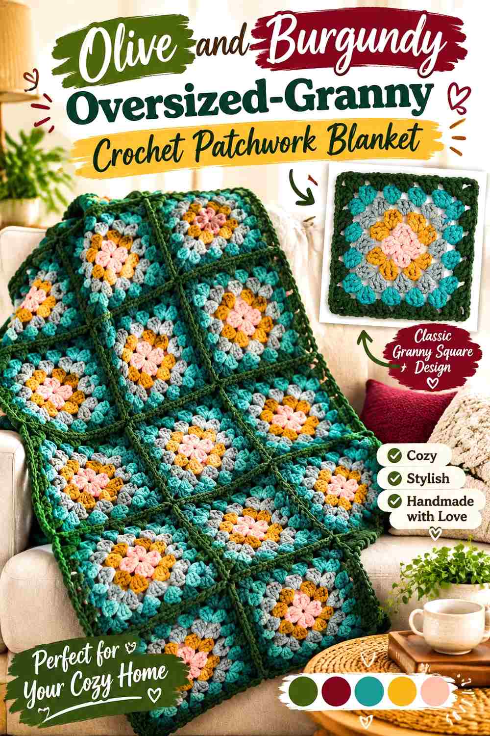 12. Olive And Burgundy Oversized Granny Crochet Patchwork Blanket
