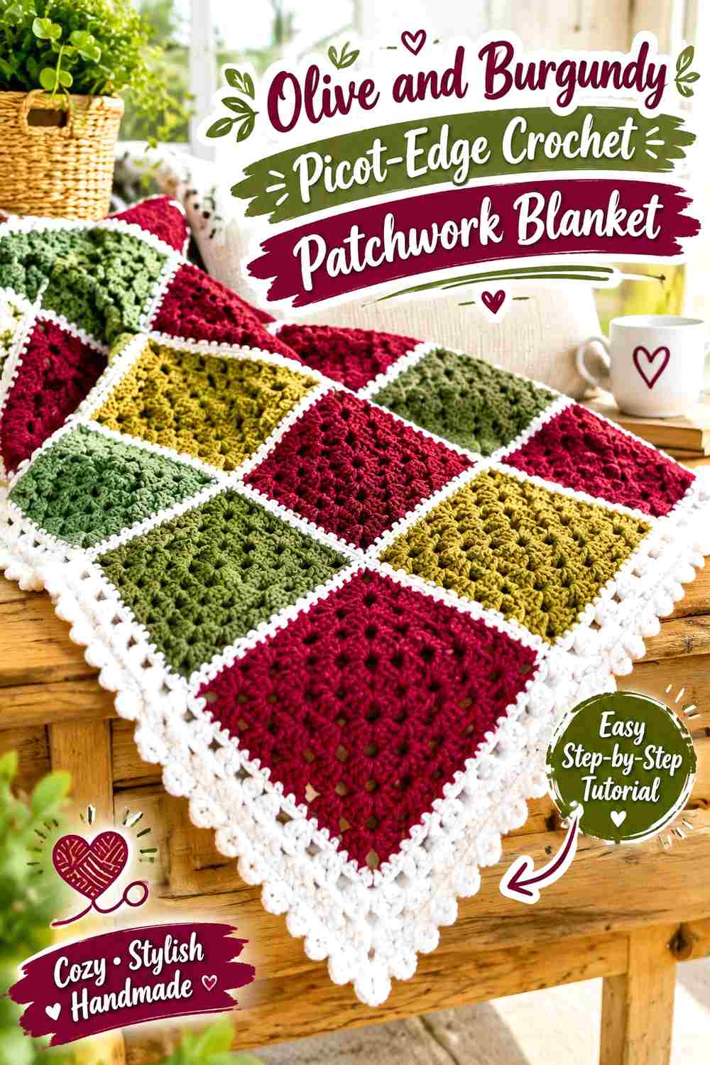 16. Olive And Burgundy Picot Edge Crochet Patchwork Blanket