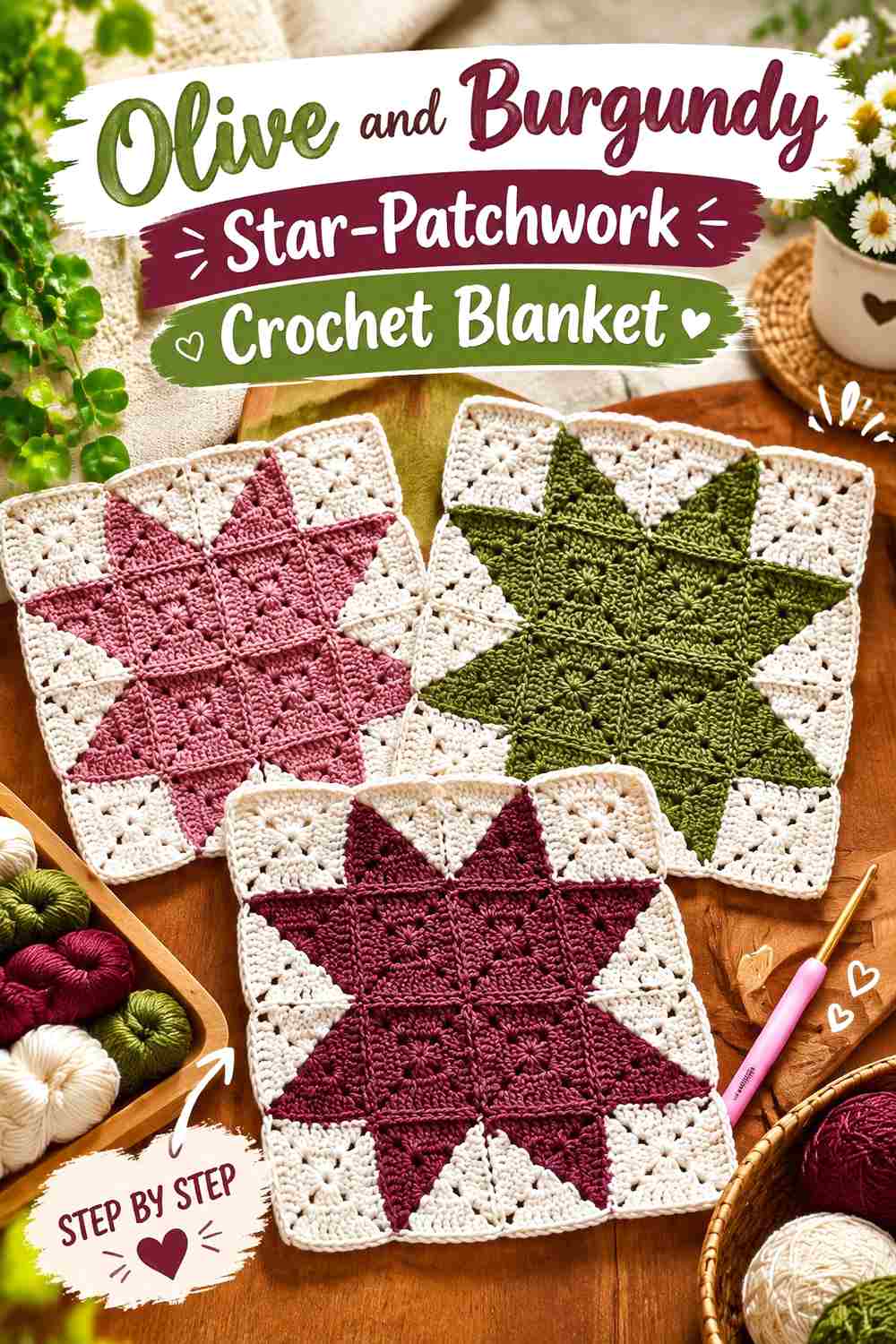 1. Olive And Burgundy Star Patchwork Crochet Blanket