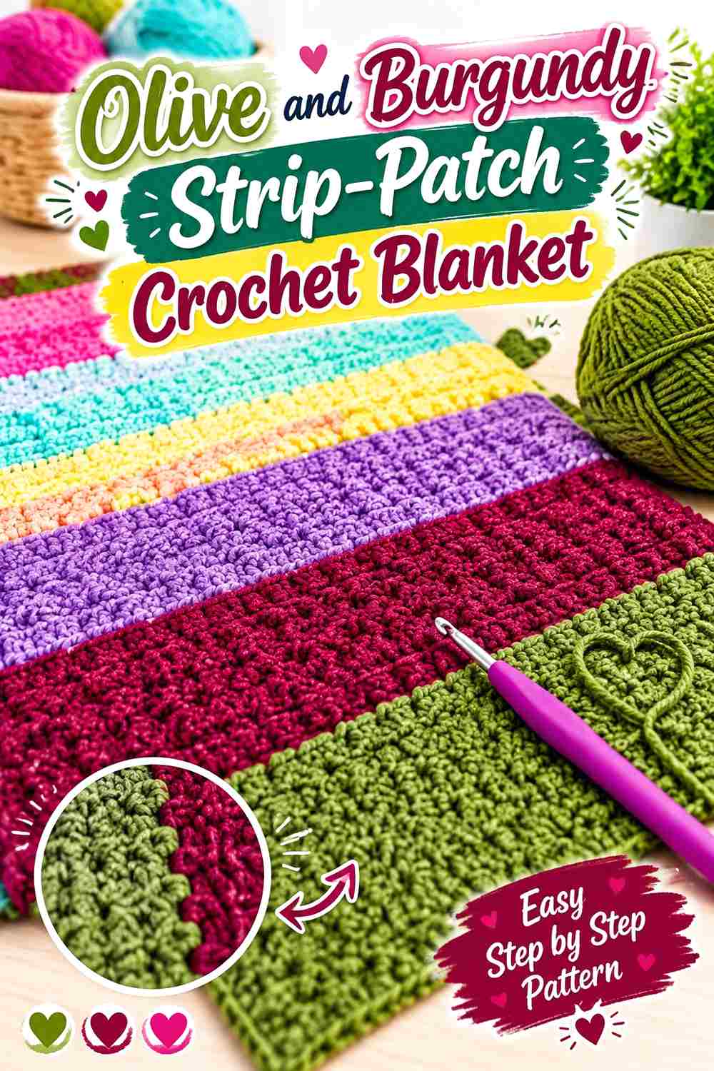 10. Olive And Burgundy Strip Patch Crochet Blanket