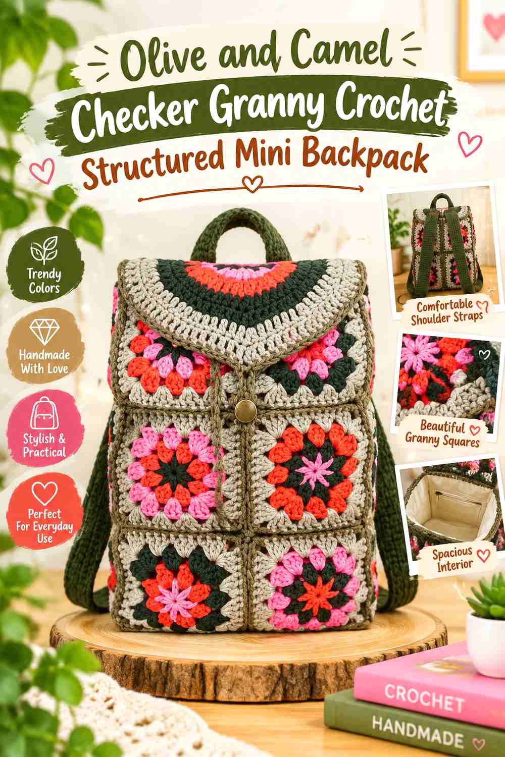 14. Olive And Camel Checker Granny Crochet Structured Mini Backpack
