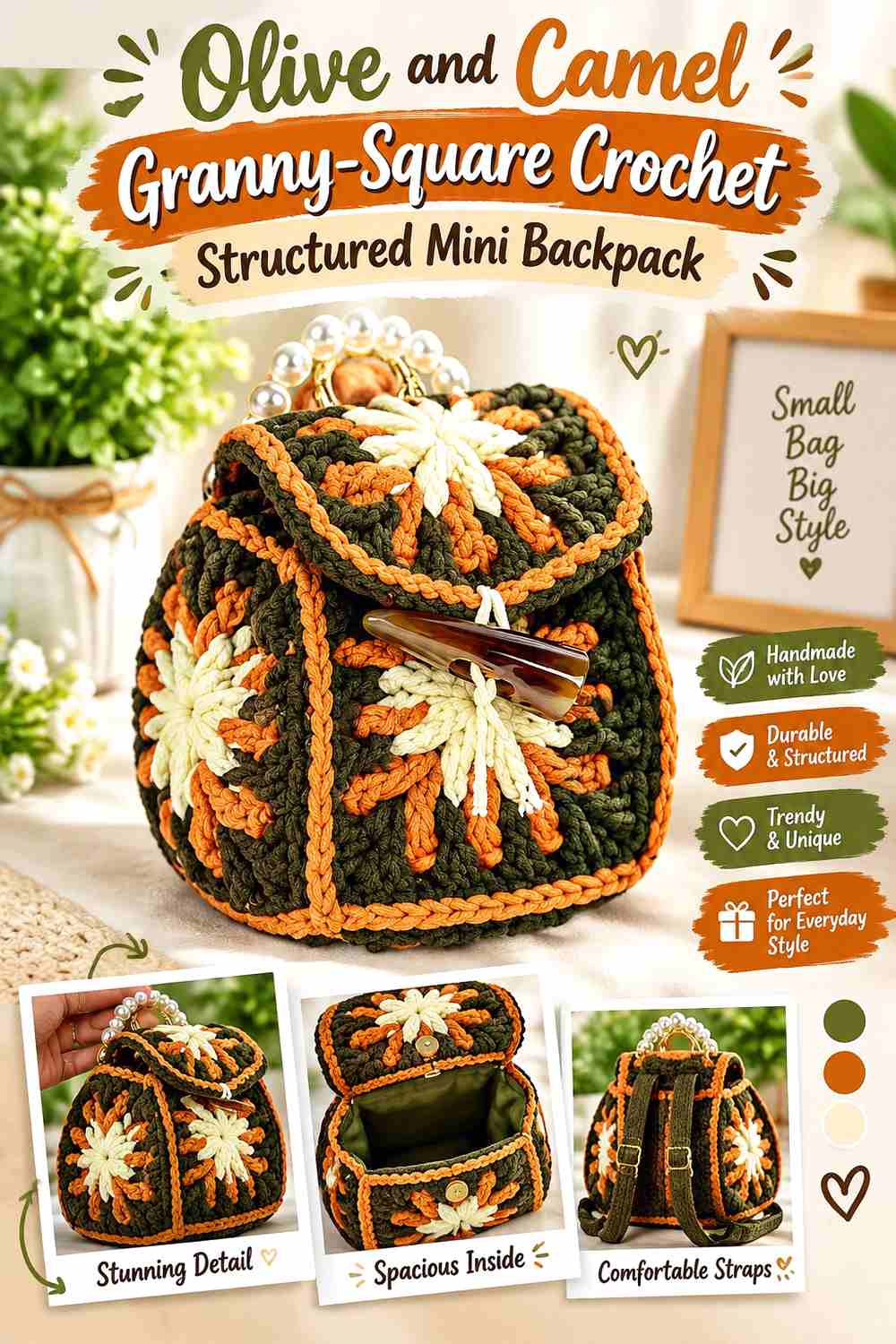 11. Olive And Camel Granny Square Crochet Structured Mini Backpack