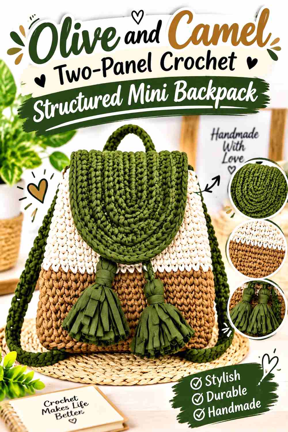 9. Olive And Camel Two Panel Crochet Structured Mini Backpack