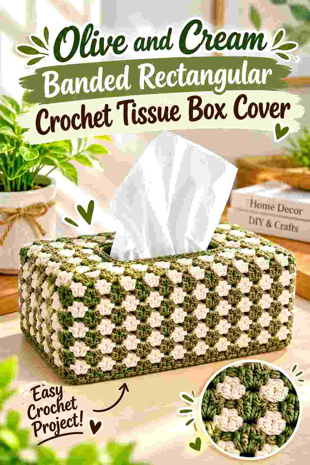 2. Olive And Cream Banded Rectangular Crochet Tissue Box Cover