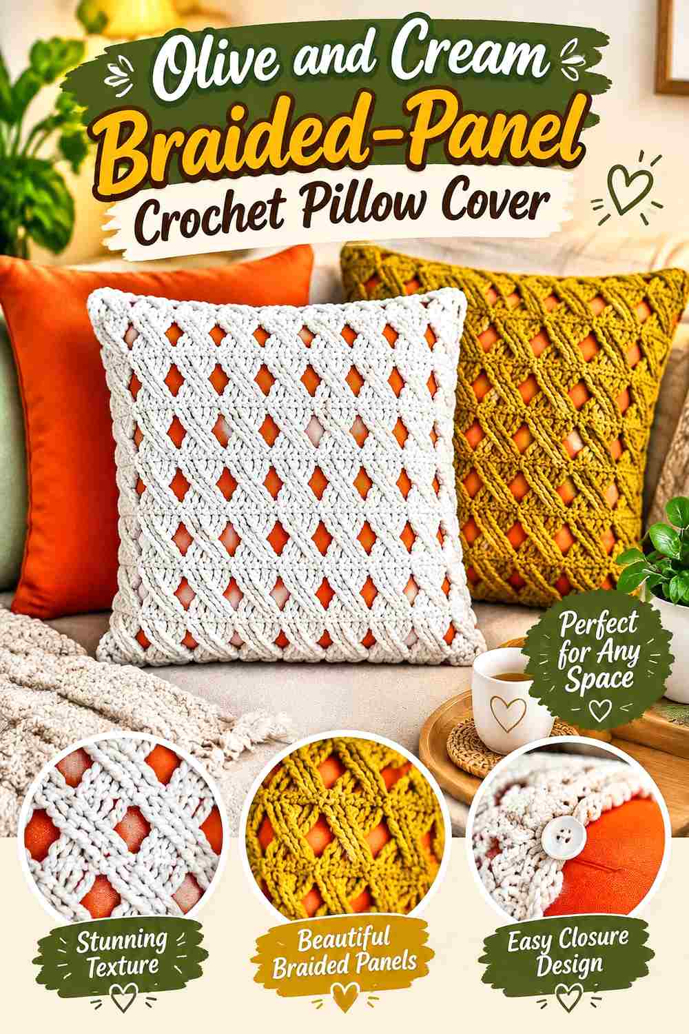3. Olive And Cream Braided Panel Crochet Pillow Cover