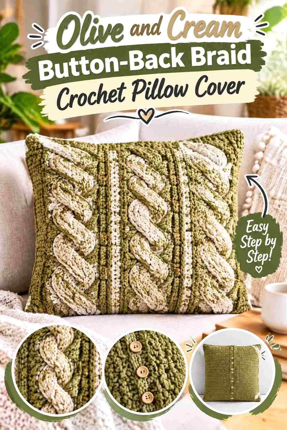 5. Olive And Cream Button Back Braid Crochet Pillow Cover