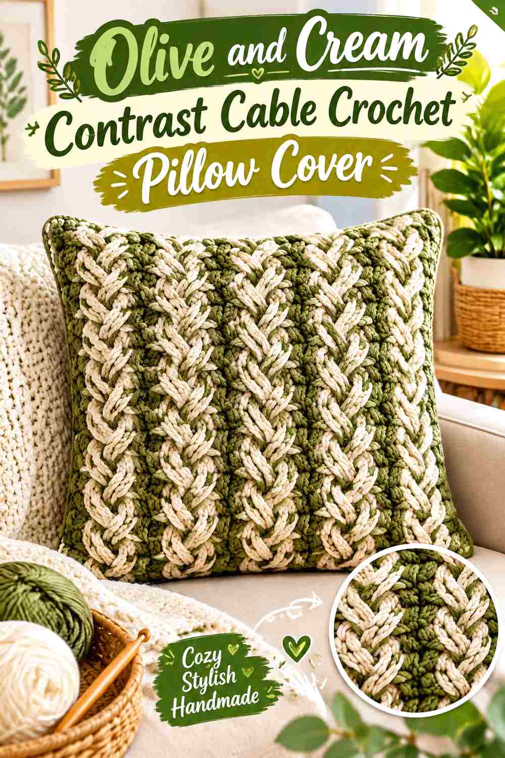 18. Olive And Cream Contrast Cable Crochet Pillow Cover