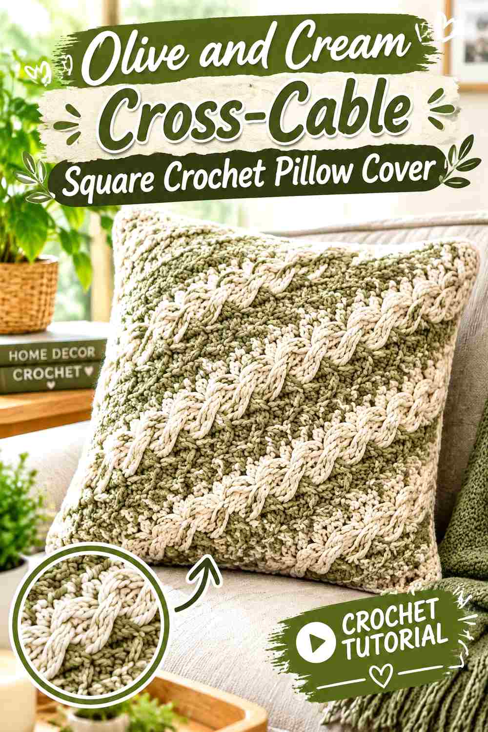 6. Olive And Cream Cross Cable Square Crochet Pillow Cover