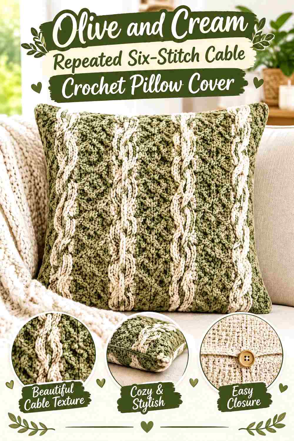 17. Olive And Cream Repeated Six Stitch Cable Crochet Pillow Cover
