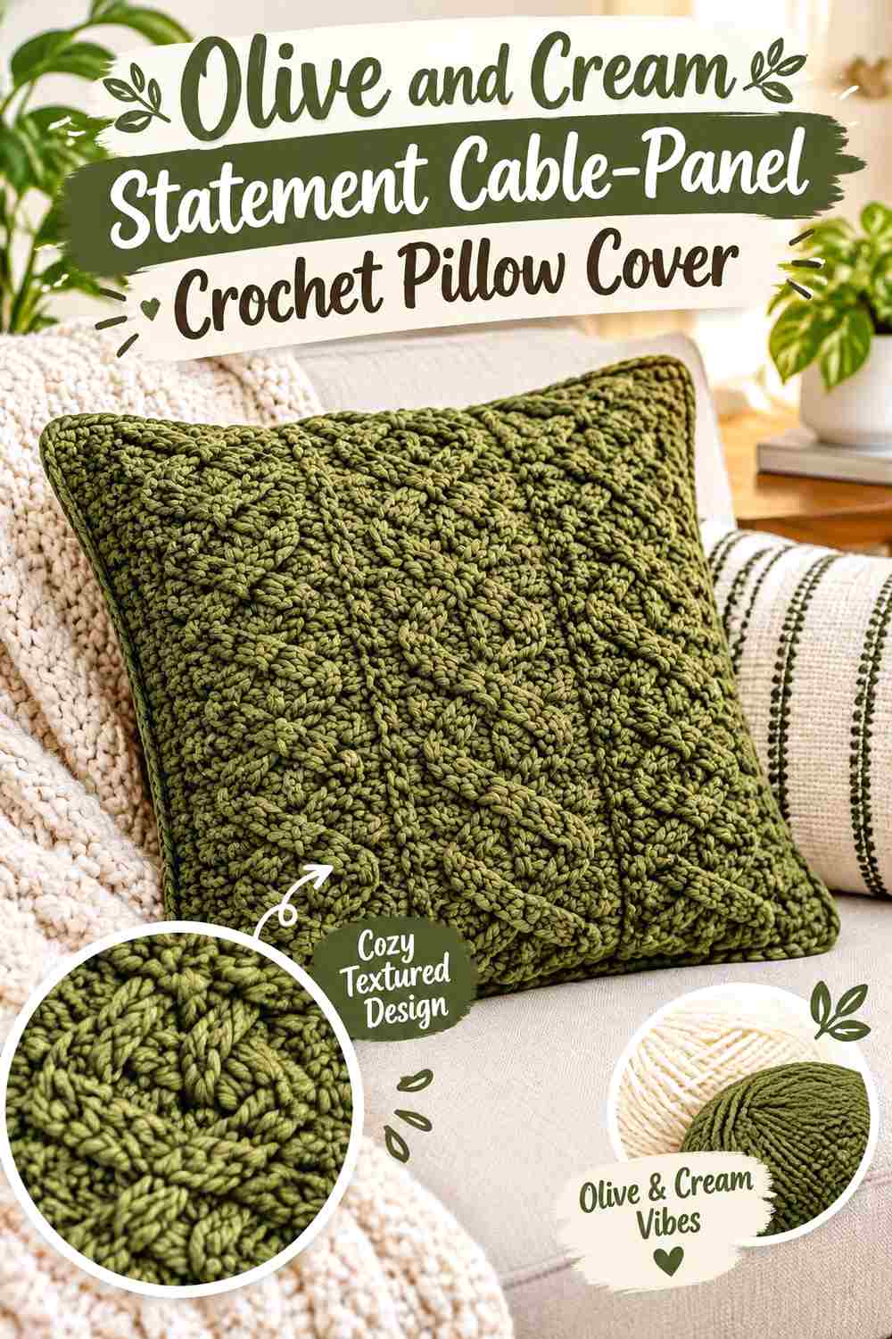 16. Olive And Cream Statement Cable Panel Crochet Pillow Cover