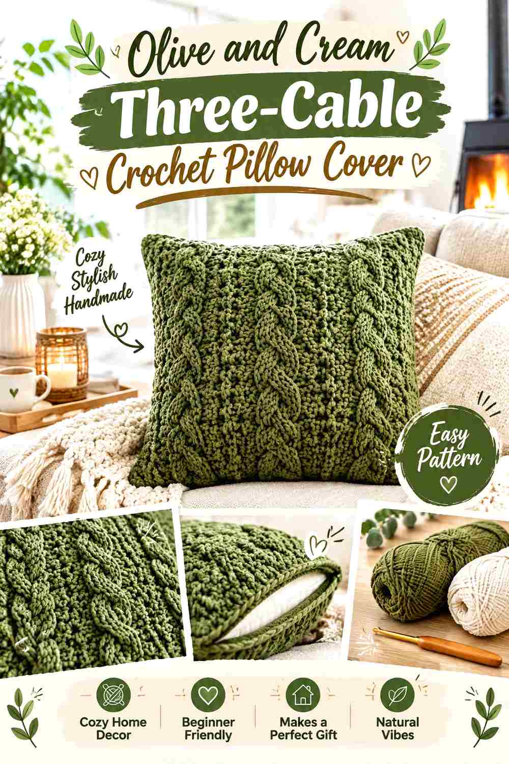 2. Olive And Cream Three Cable Crochet Pillow Cover