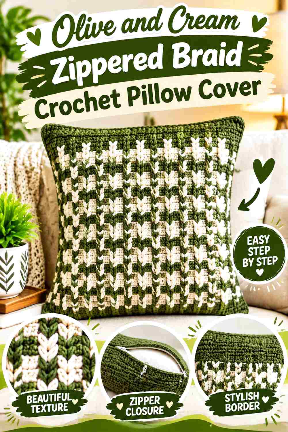 13. Olive And Cream Zippered Braid Crochet Pillow Cover
