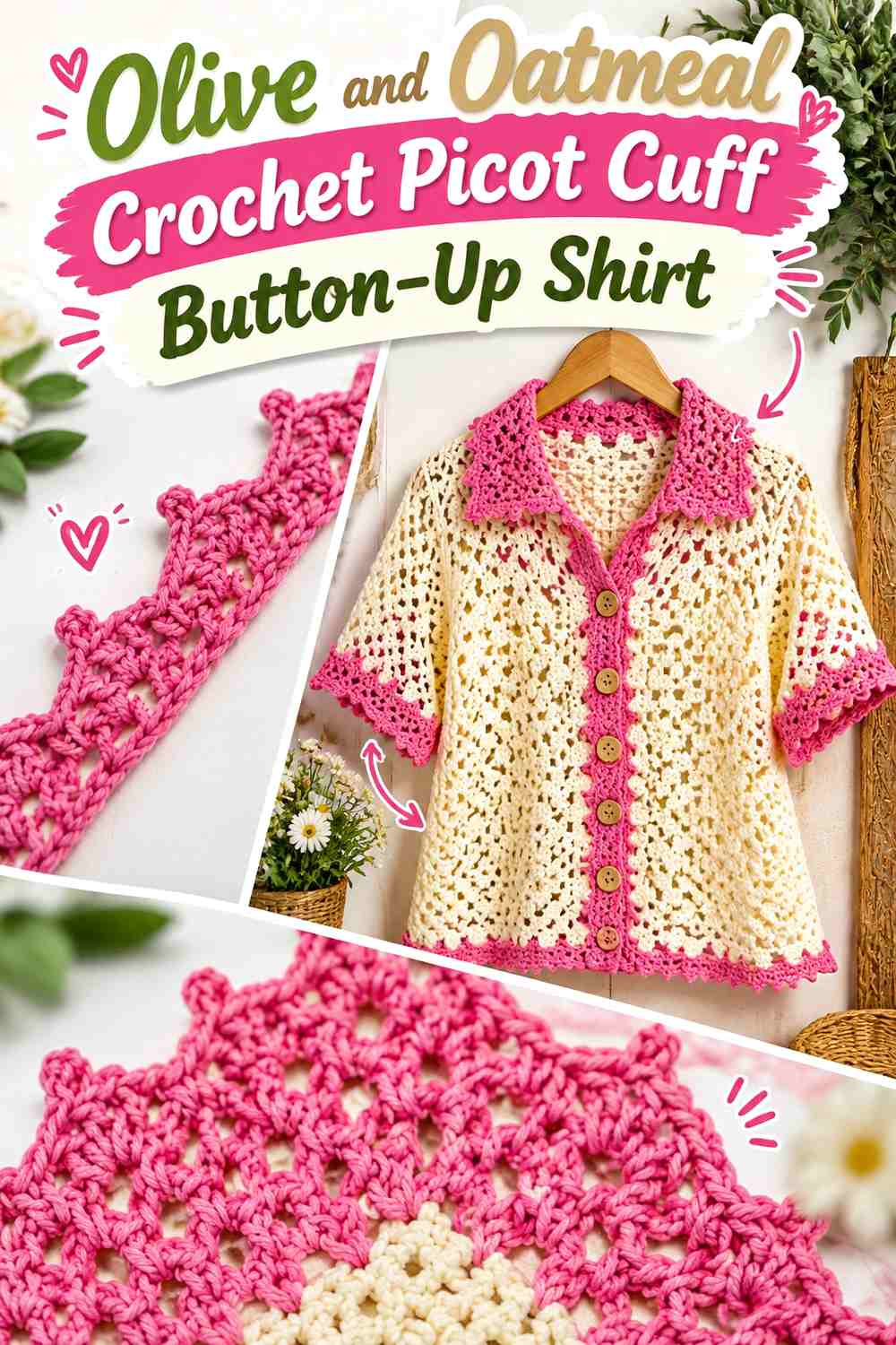 Olive and Oatmeal Crochet Picot Cuff Button-Up Shirt