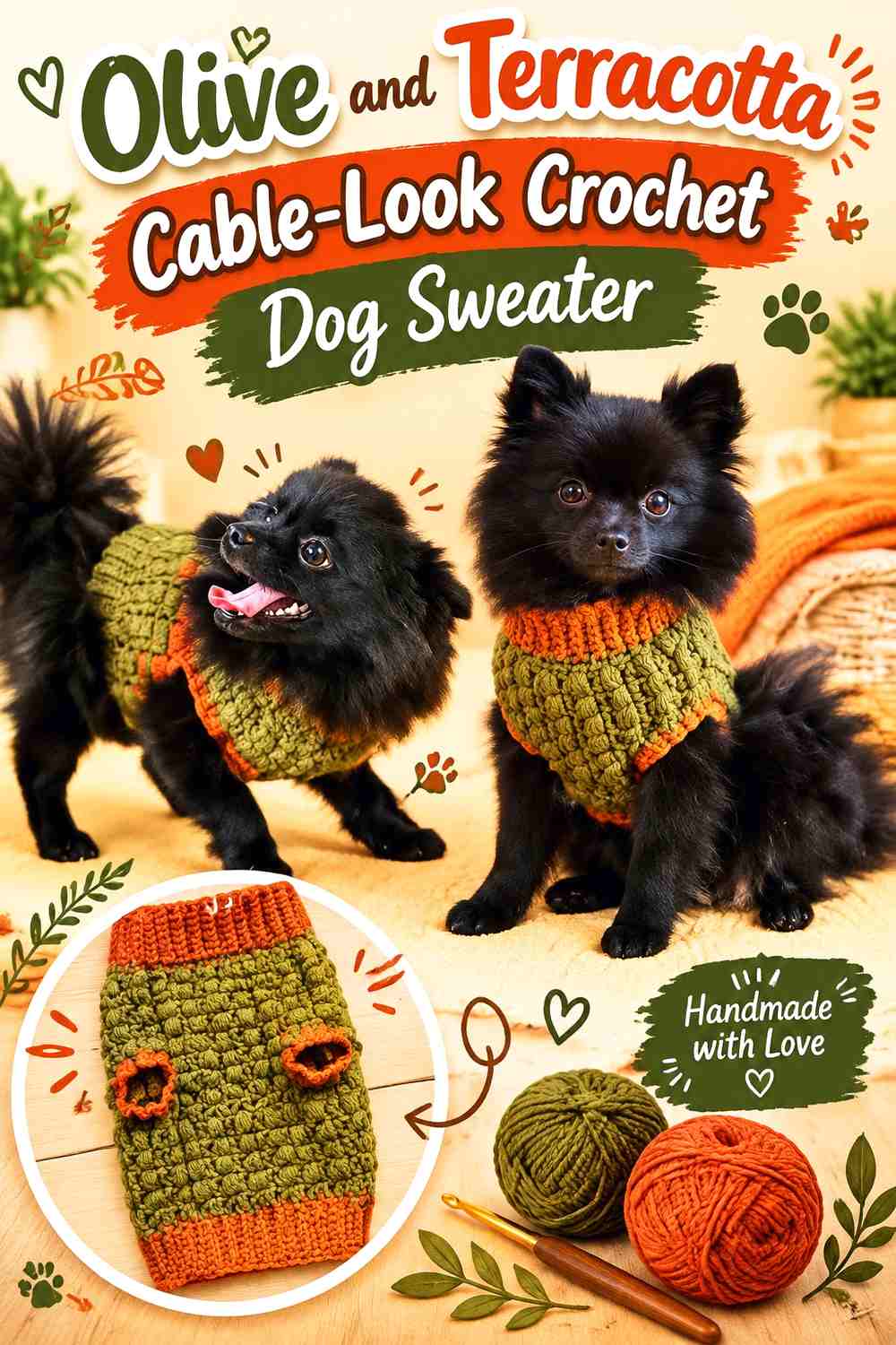 Olive and Terracotta Cable-Look Crochet Dog Sweater