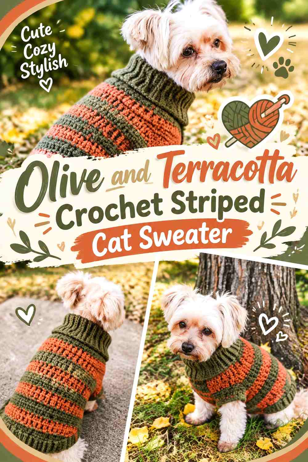 Olive and Terracotta Crochet Striped Cat Sweater
