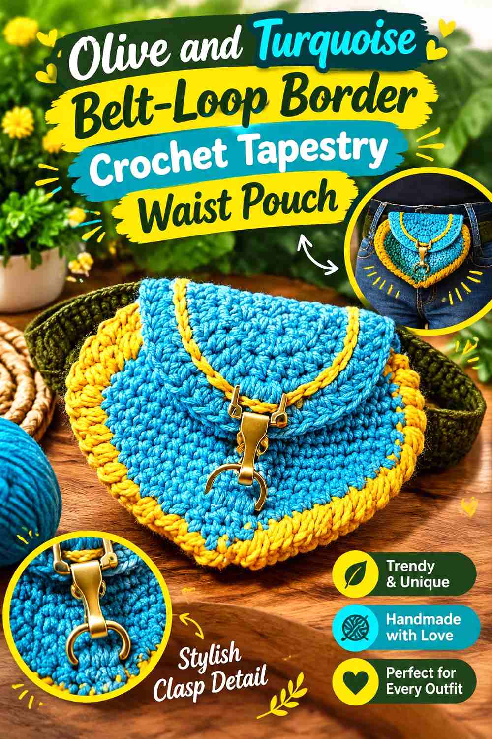 7. Olive And Turquoise Belt Loop Border Crochet Tapestry Waist Pouch