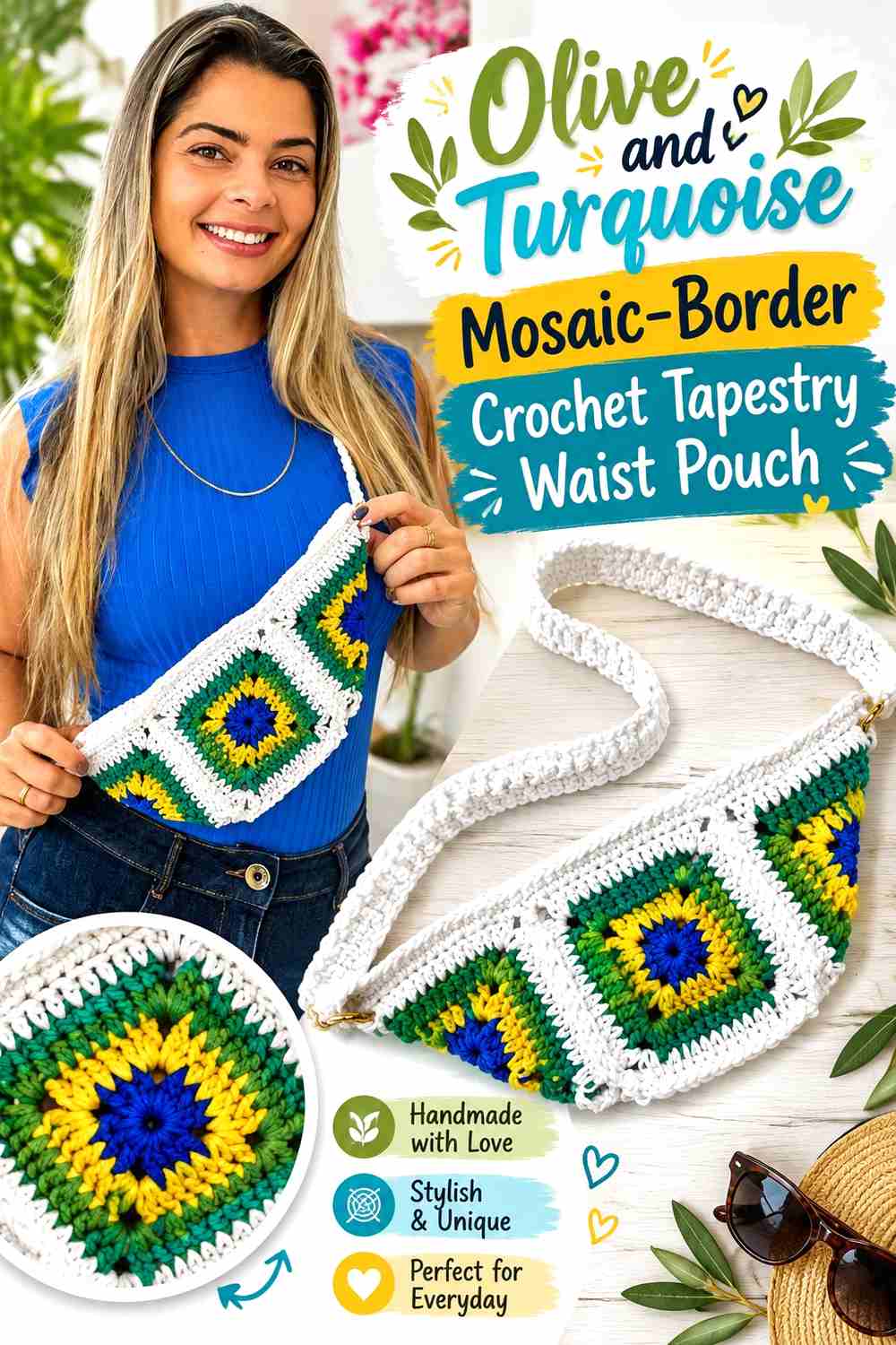 15. Olive And Turquoise Mosaic Border Crochet Tapestry Waist Pouch