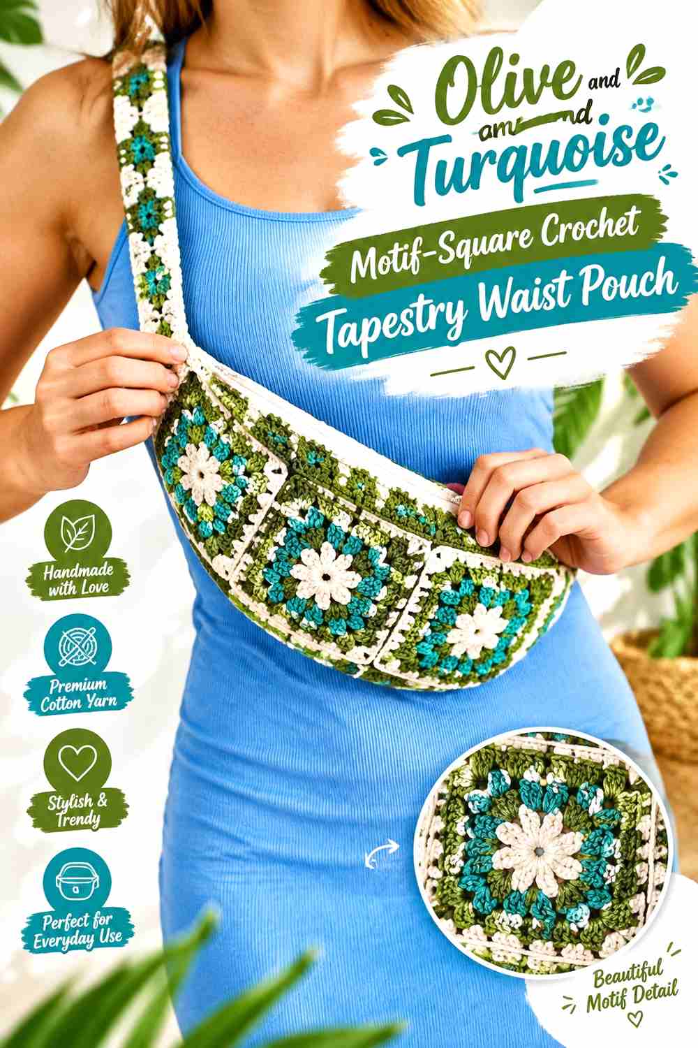 11. Olive And Turquoise Motif Square Crochet Tapestry Waist Pouch