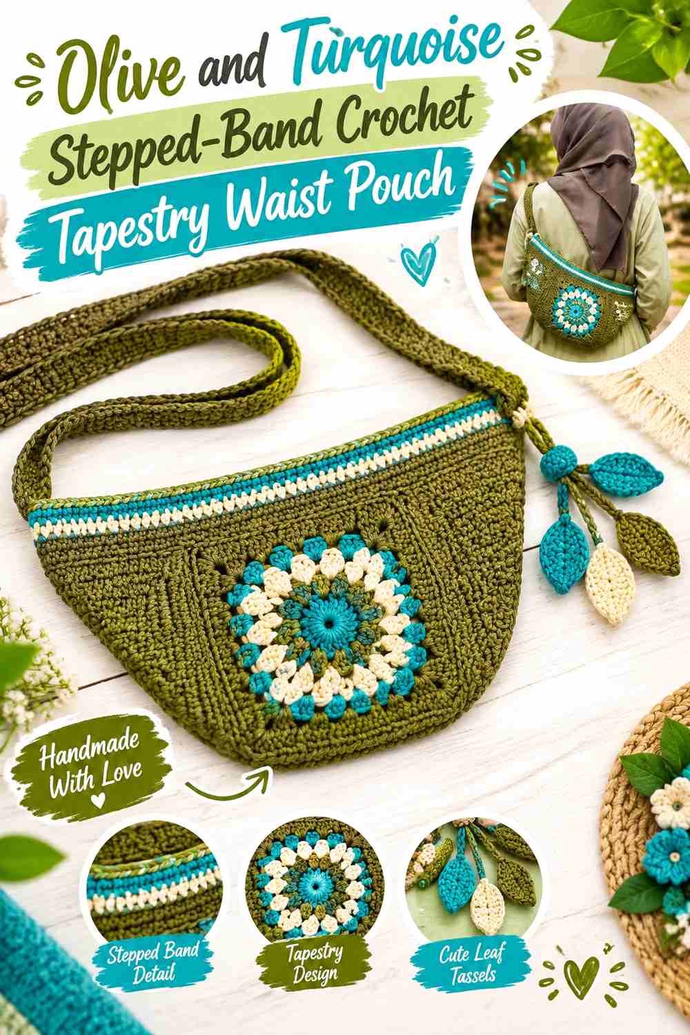 19. Olive And Turquoise Stepped Band Crochet Tapestry Waist Pouch