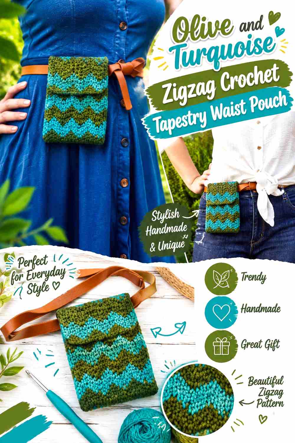 9. Olive And Turquoise Zigzag Crochet Tapestry Waist Pouch