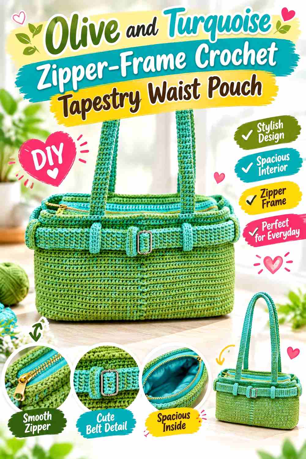 13. Olive And Turquoise Zipper Frame Crochet Tapestry Waist Pouch