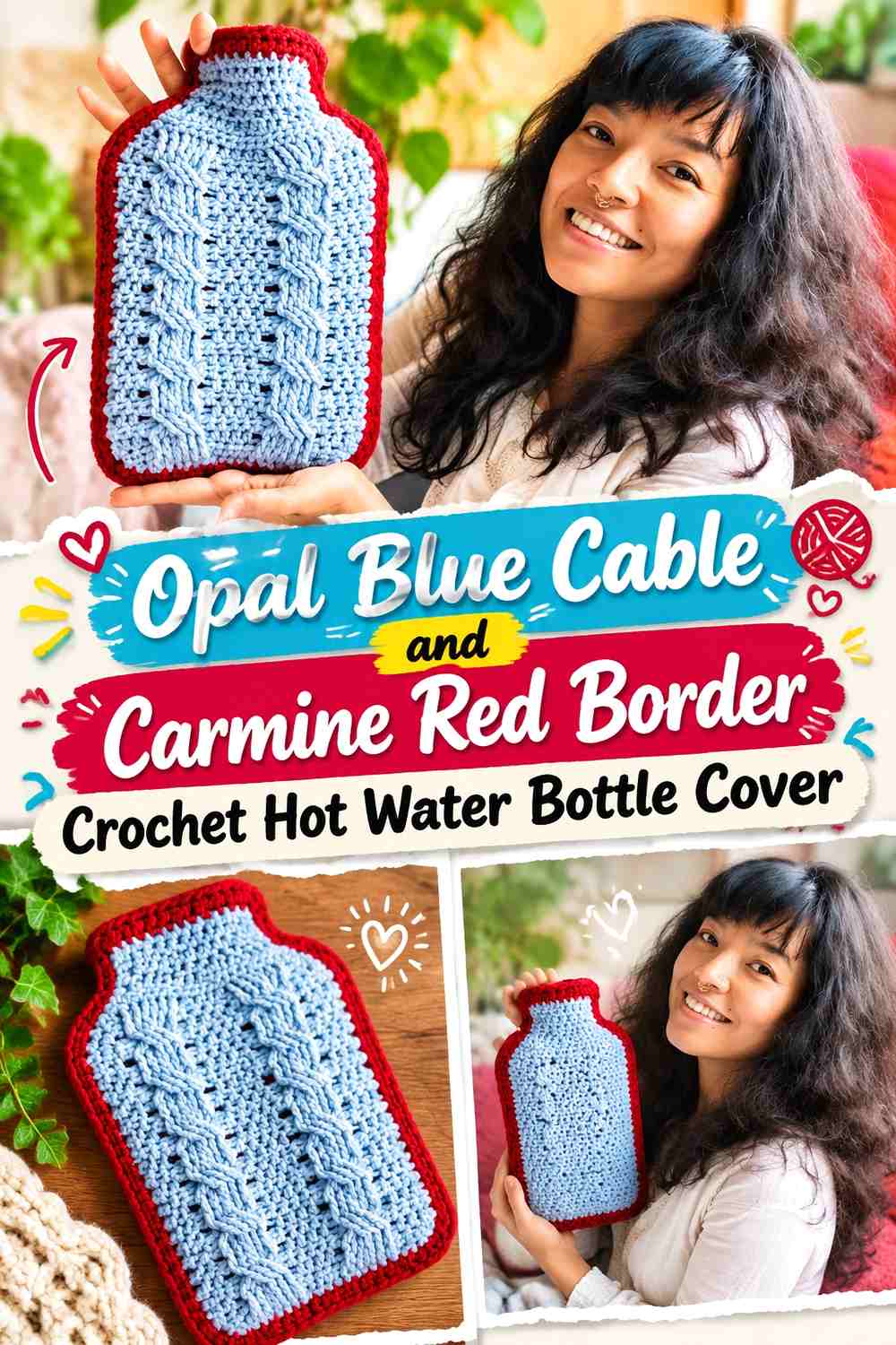 Opal Blue Cable and Carmine Red Border Crochet Hot Water Bottle Cover