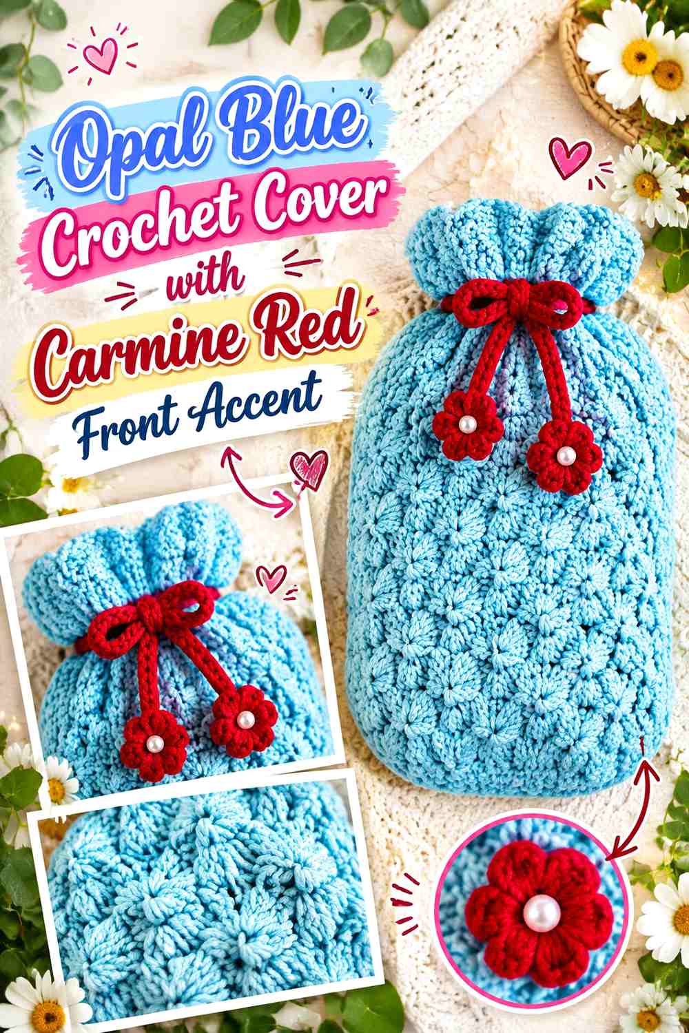 Opal Blue Crochet Cover with Carmine Red Front Accent