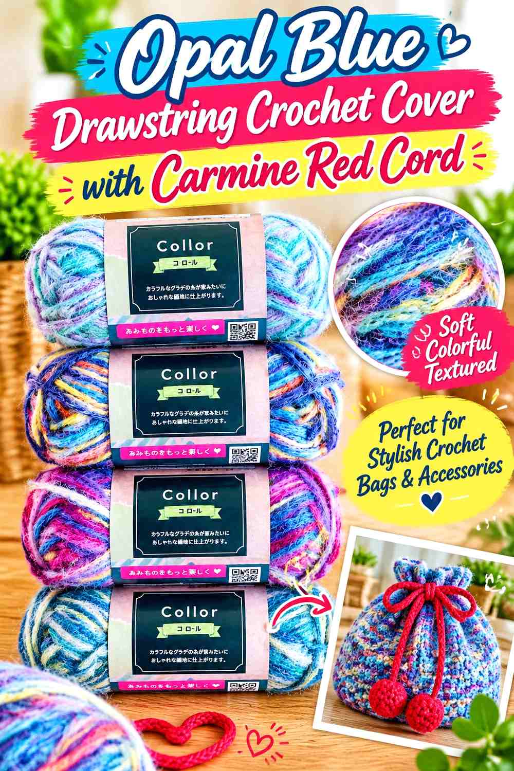 Opal Blue Drawstring Crochet Cover with Carmine Red Cord