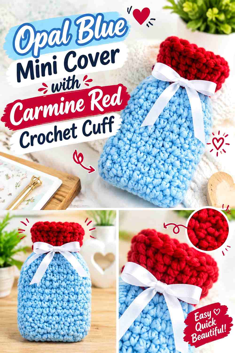 Opal Blue Mini Cover with Carmine Red Crochet Cuff
