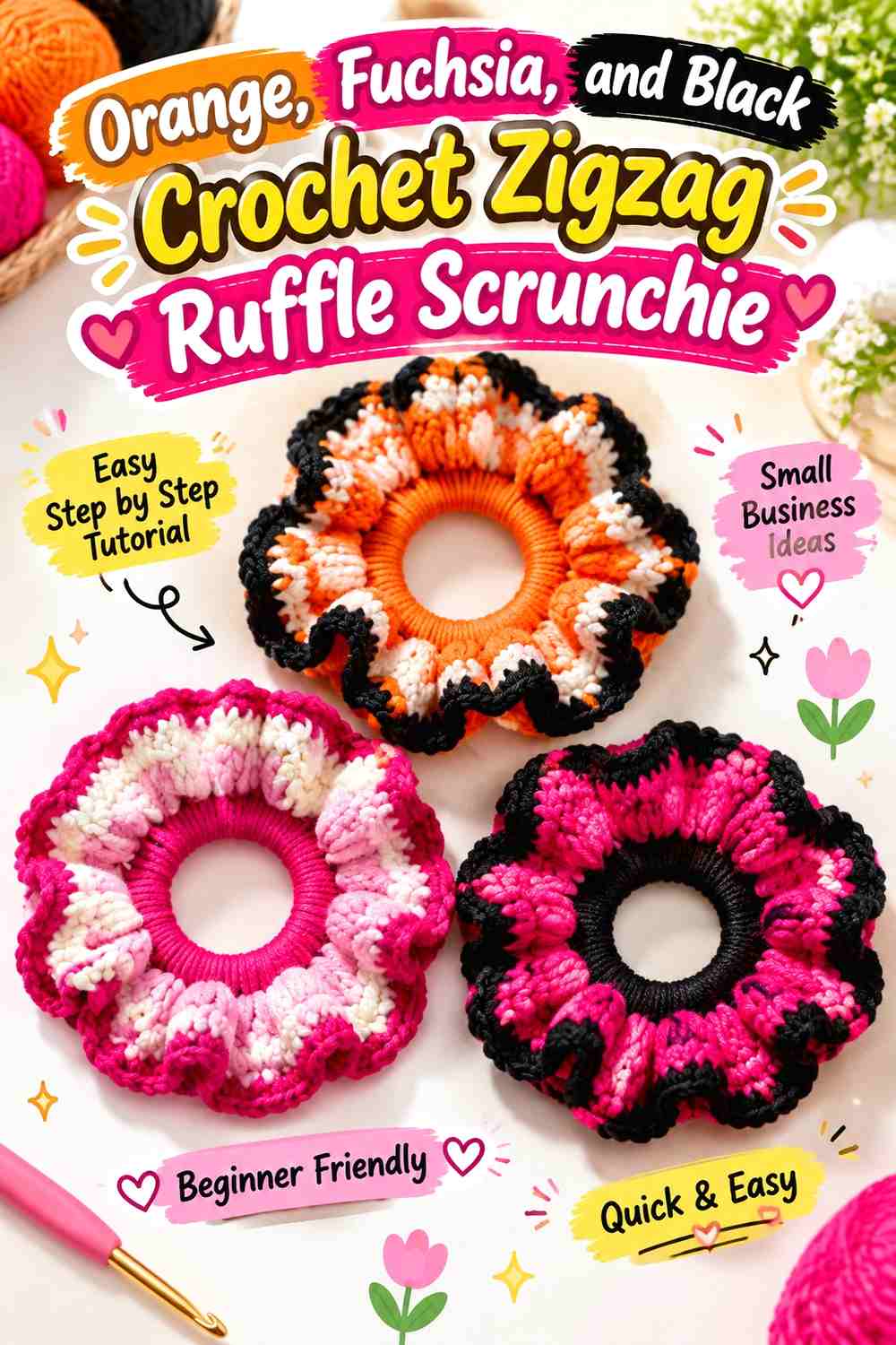 Orange, Fuchsia, and Black Crochet Zigzag Ruffle Scrunchie
