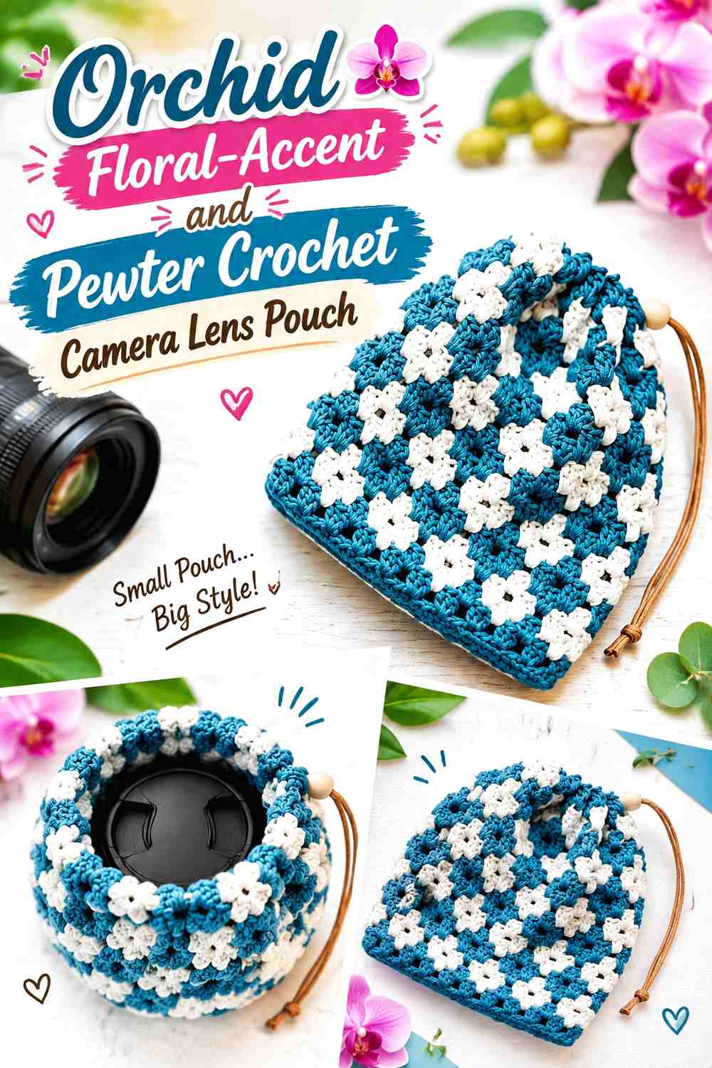 9. Orchid Floral Accent And Pewter Crochet Camera Lens Pouch