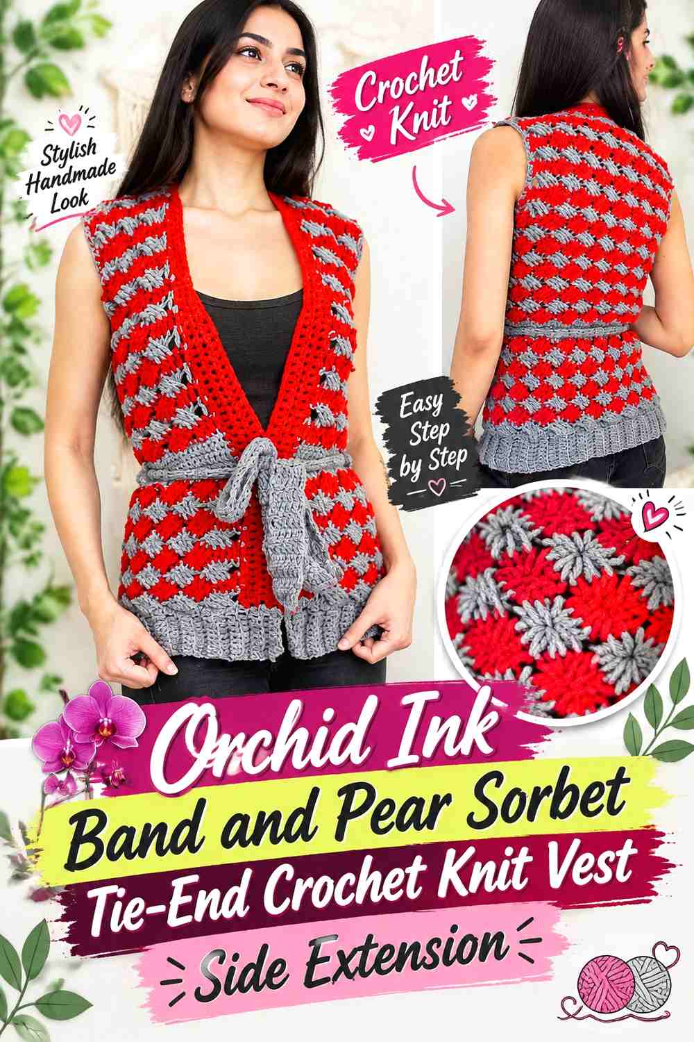 Orchid Ink Band and Pear Sorbet Tie-End Crochet Knit Vest Side Extension