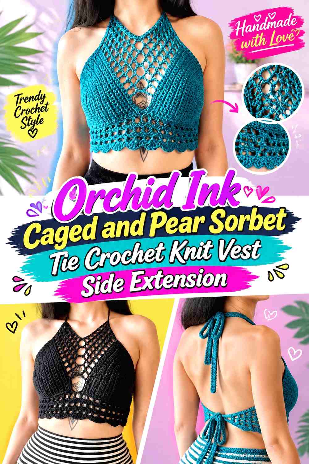 Orchid Ink Caged and Pear Sorbet Tie Crochet Knit Vest Side Extension