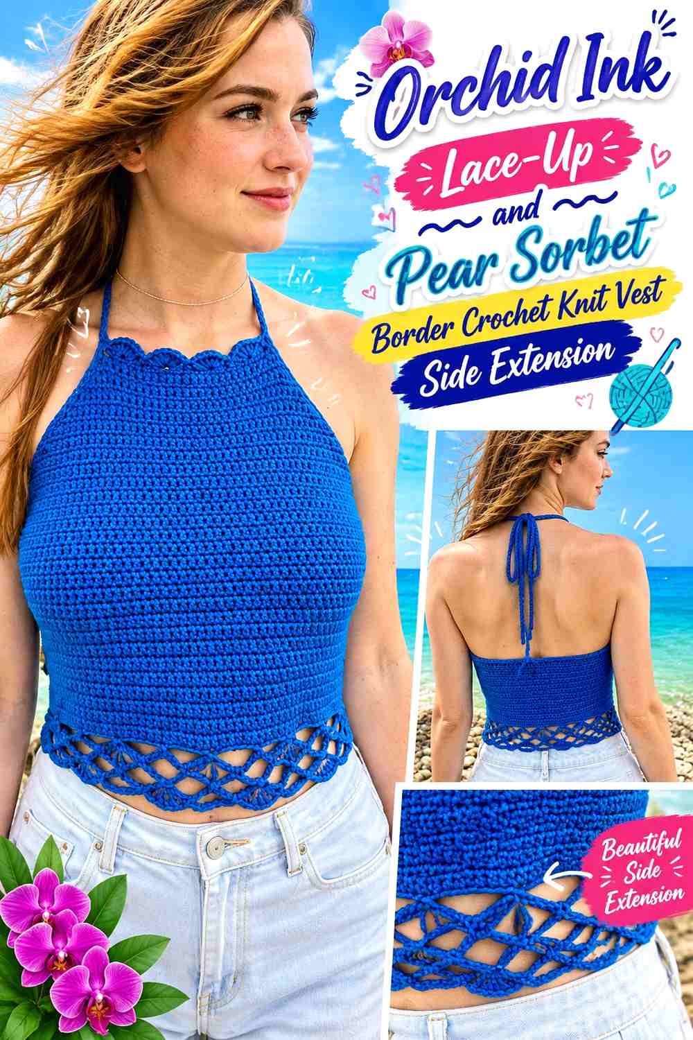 Orchid Ink Lace-Up and Pear Sorbet Border Crochet Knit Vest Side Extension