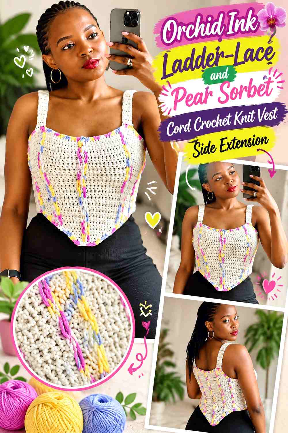 Orchid Ink Ladder-Lace and Pear Sorbet Cord Crochet Knit Vest Side Extension